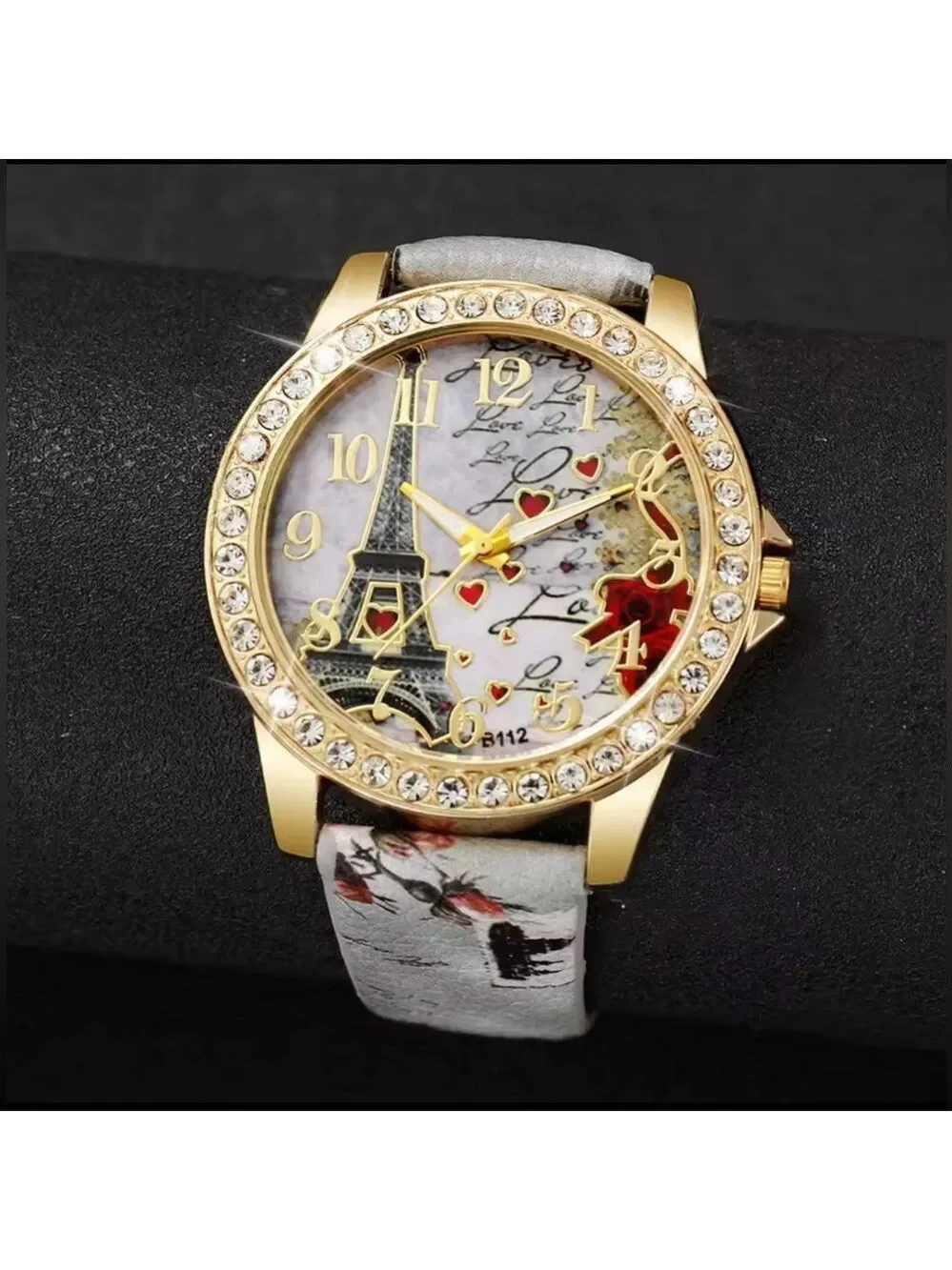 Elegant High Fashion Women’s Quartz Gold and Gray Eiffel Tower Love Watch Grey